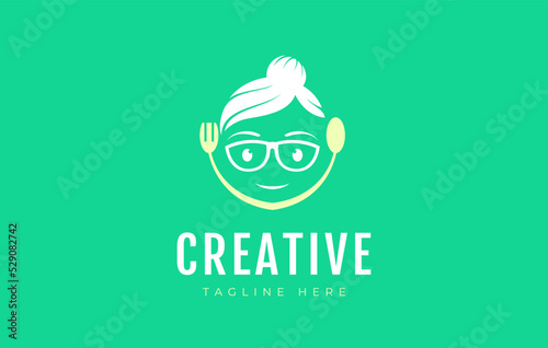 Mom's cooking logo. illustration of mother with a fork and spoon. vector line icon template