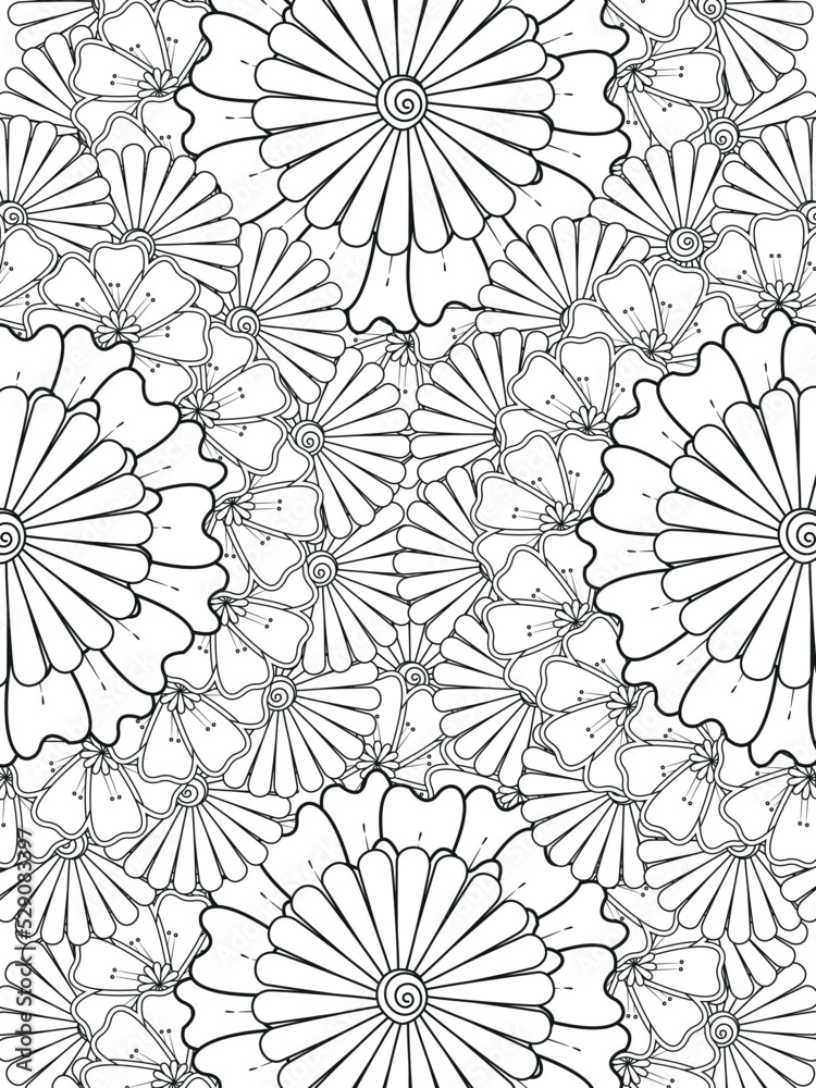 Doodle floral pattern in black and white. A page for coloring book: fascinating and relaxing job for children and adults. Zentangle drawing. Flower carpet in a magic garden
