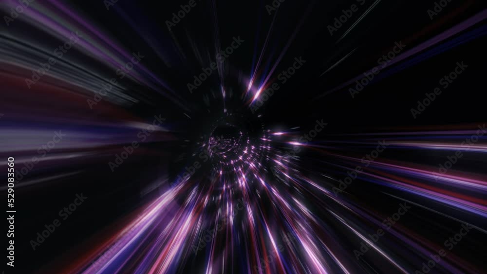 Abstract loop dark glow purple blue tunnel. 4K 3D seamless loop infinite hyperspace tunnel abstract background.