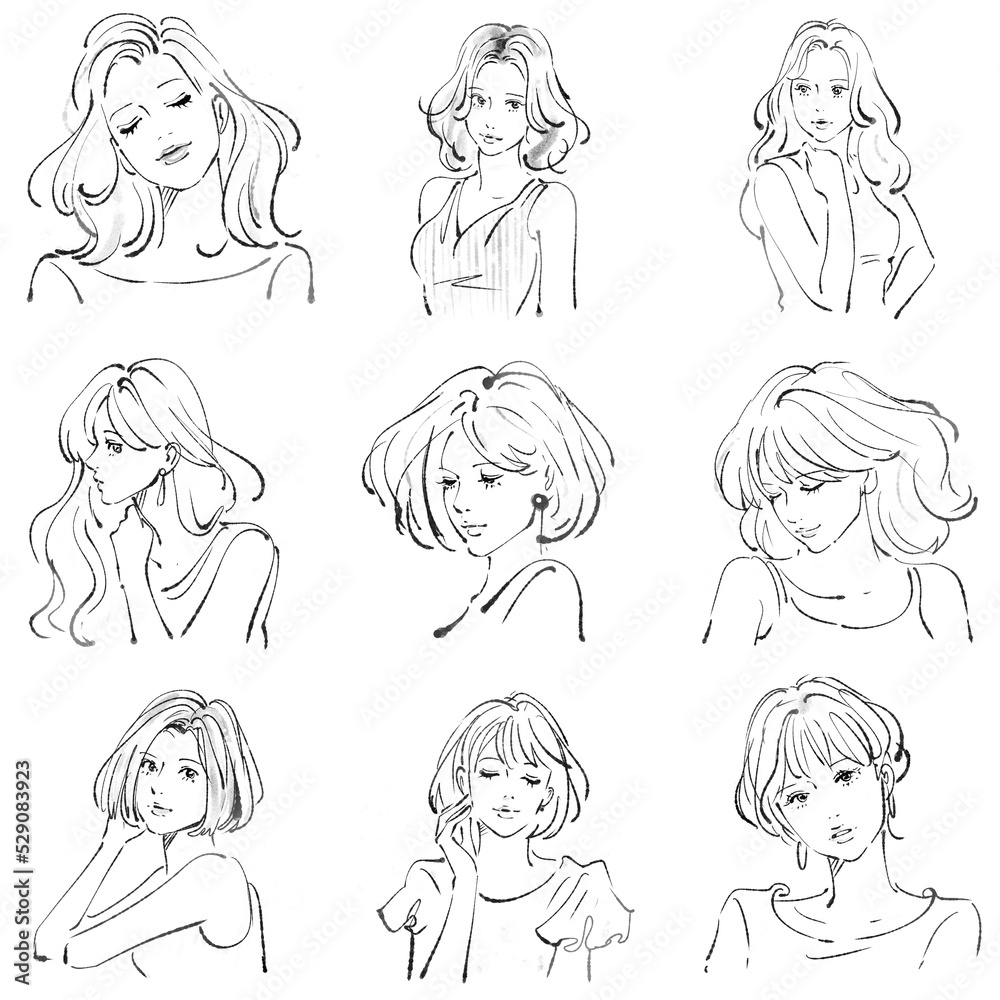 女性の手書きモノクロ線画イラスト 女性の手書きモノクロ線画イラスト
