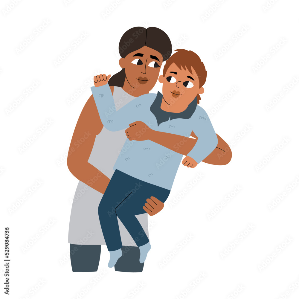 Mom holds her little son in her arms. Parent and child together. Happy family. Vector illustration in hand drawn style