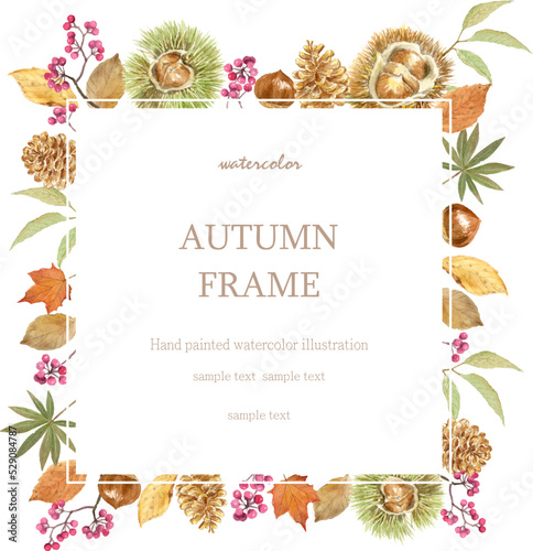 Watercolor square outer frame with autumn image.
Autumn leaves, chestnuts and pinecone.