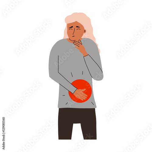 Symptom of miscarriage in early pregnancy concept. The girl suffers from pain in her stomach. Vector illustration in flat style