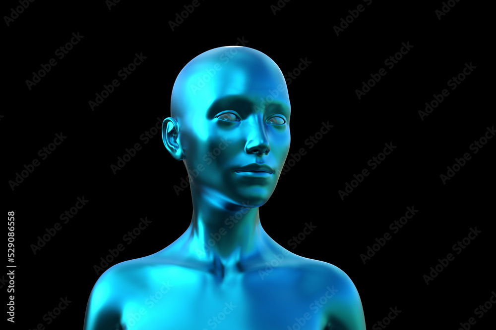 3d illustration. Portrait of a blue bald woman on a black background. 3d illustration. Portrait of a blue bald woman on a black background.