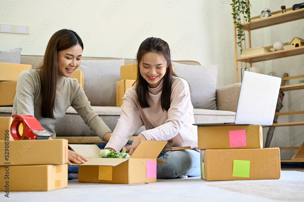 Two pretty Asian female friends packing a customer's order into a parcel box. SME small business Two pretty Asian female friends packing a customer's order into a parcel box. SME small business