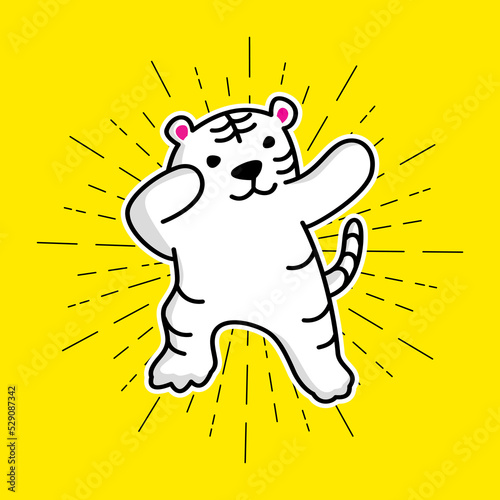 Cute cartoon characters in dub dance poses. Hand drawn tiger doing dabbing.