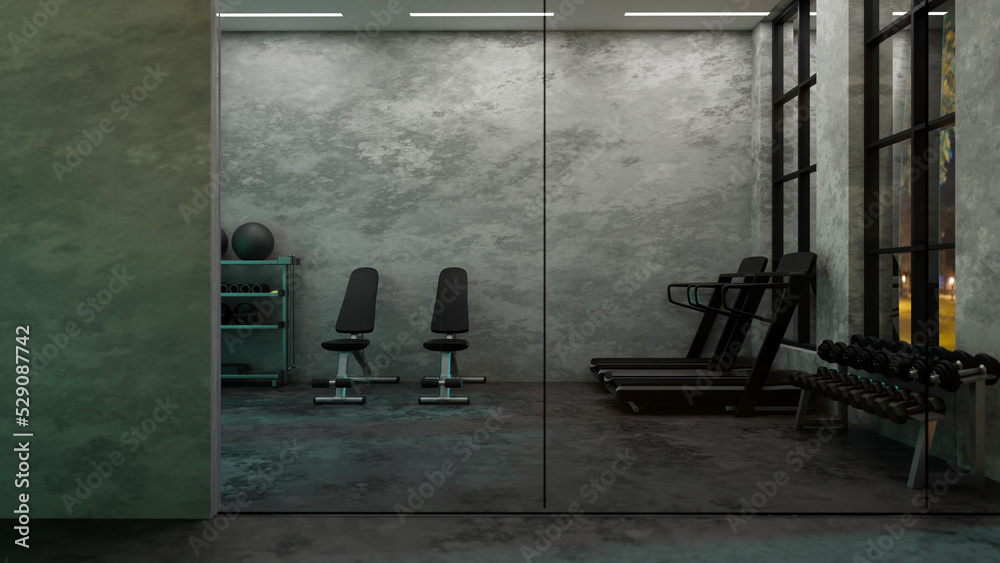 Modern dark fitness gym centre interior design with sports training equipment, treadmills