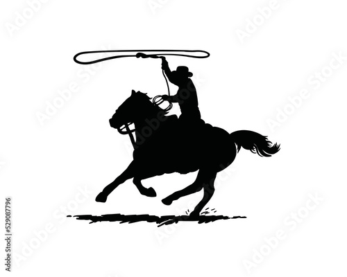 American cowboy riding horse and throwing lasso illustration symbol icon logo vector.