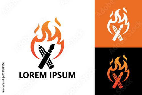 Hot art, fire pencil and paintbrush logo template design vector