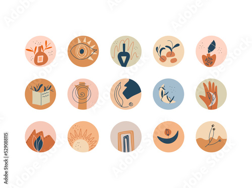 Set of highlights cover in boho style. Different abstract icons for social networks. Vector illustration in hand drawn style