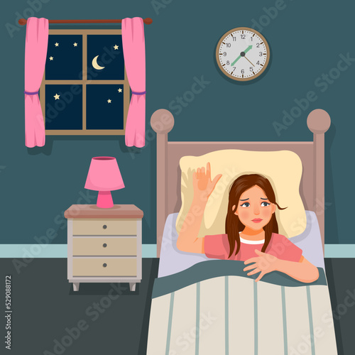 young woman cannot sleep at night suffering from insomnia stay awake on the bed