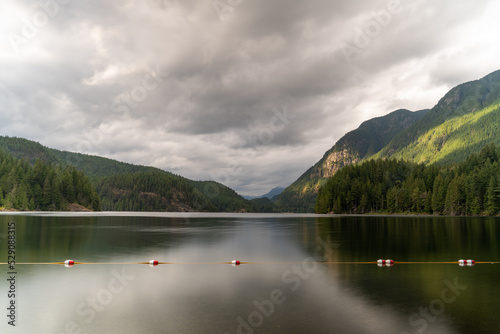 Buntzen lake, mountains, in cloudy day