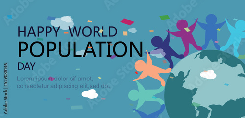 Flat world population day horizontal banner with planet and people