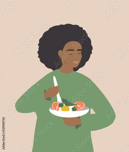 vector illustration on the theme of diets, eating disorders. sad girl and a plate of salad. trend illustration in flat style
