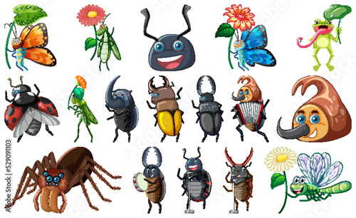 Set of various insects and amphibians cartoon