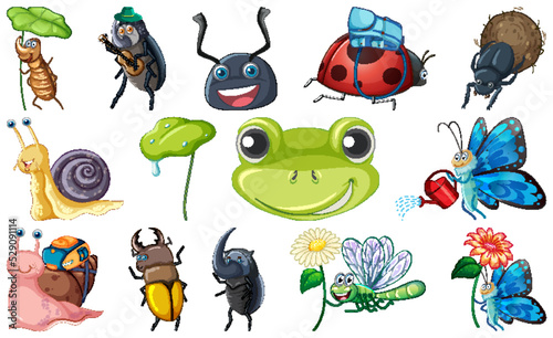 Set of various insects and amphibians cartoon