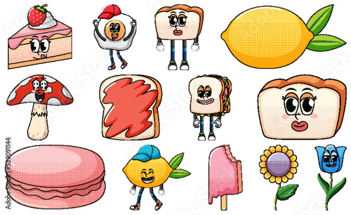 Set of objects and foods cartoon characters