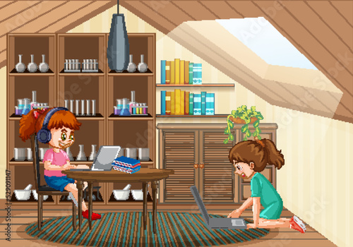 At home scene with children using their laptops