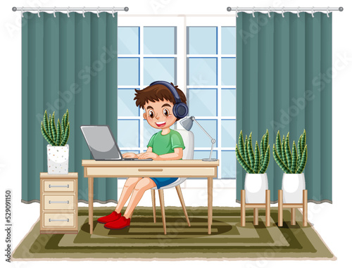 A boy studying online at home