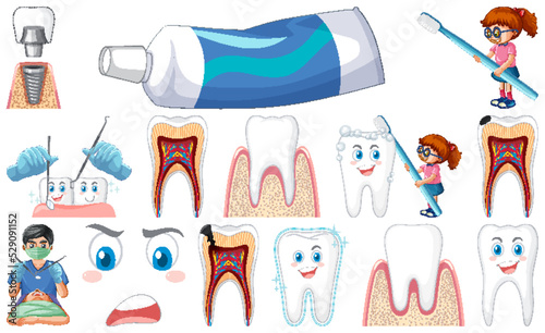 Set of dental equipments and cartoon characters