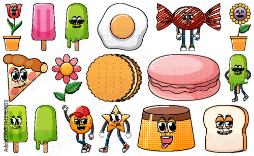 Set of objects and foods cartoon characters