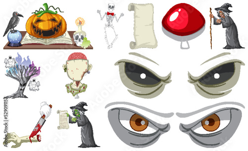 Set of horror halloween objects and cartoon characters
