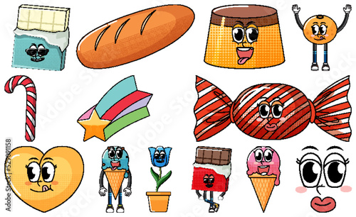 Set of objects and foods cartoon characters