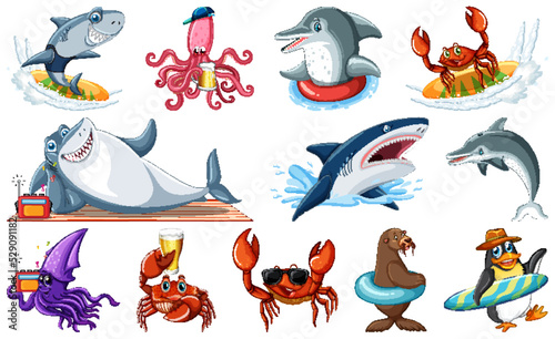 Set of various sea animals cartoon characters