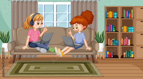 At home scene with children using their laptops