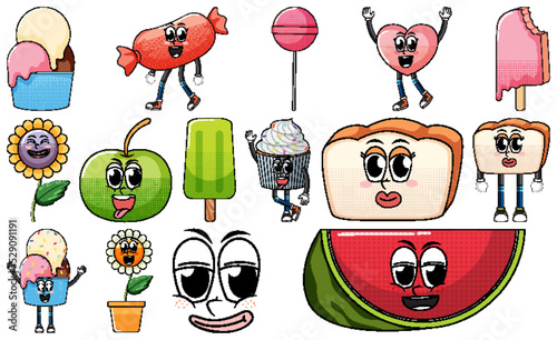 Set of objects and foods cartoon characters