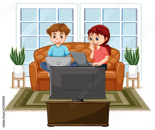At home scene with children using their laptops