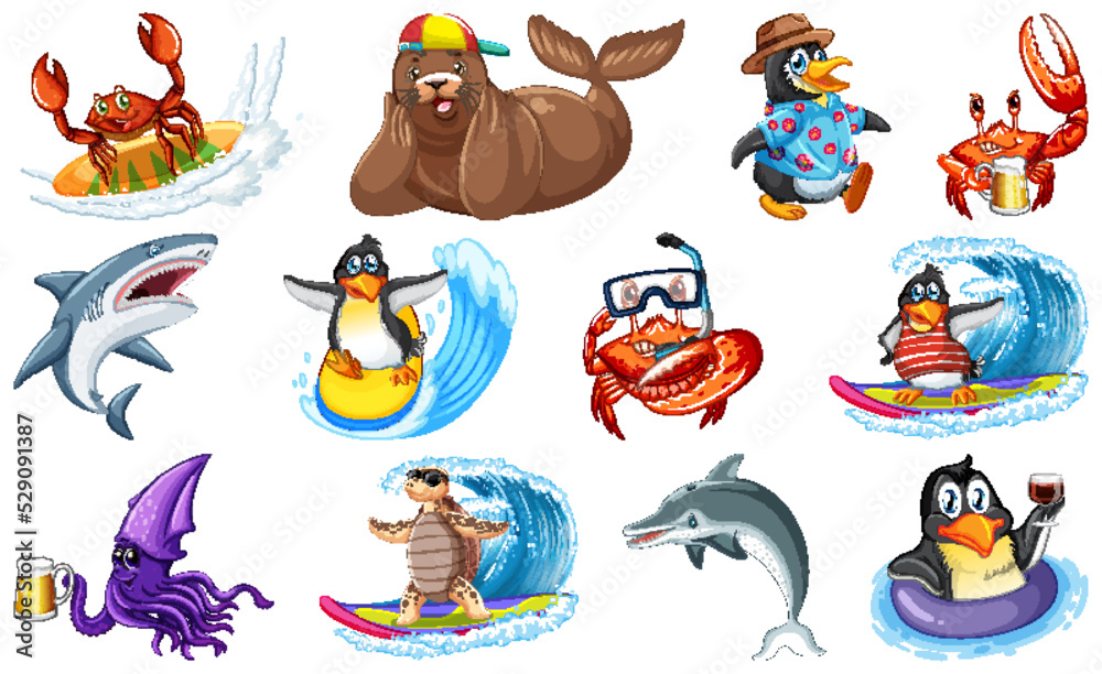 Set of various sea animals cartoon characters