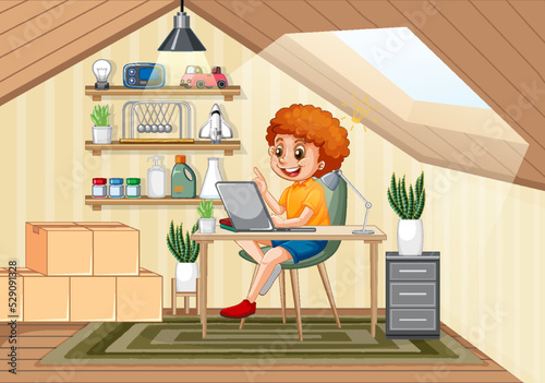A boy studying online at home