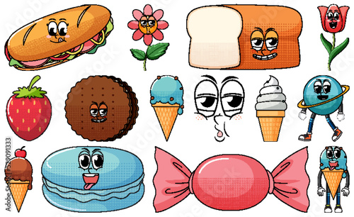 Set of objects and foods cartoon characters
