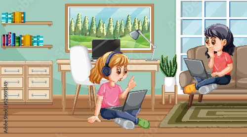 At home scene with two girls using their laptops
