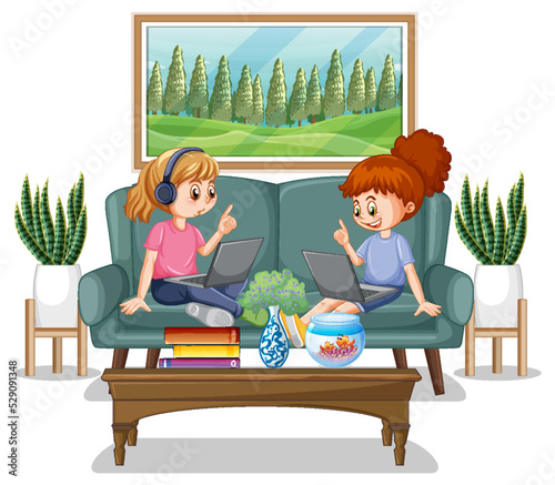 At home scene with children using their laptops