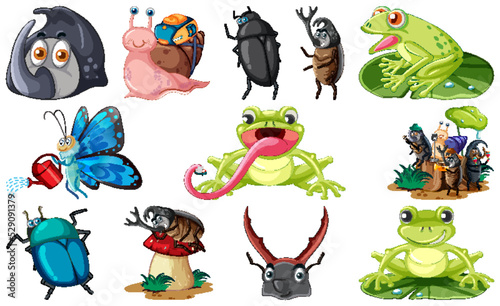 Set of various insects and amphibians cartoon