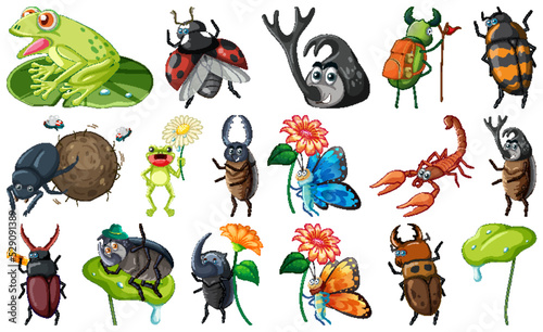 Set of various insects and amphibians cartoon