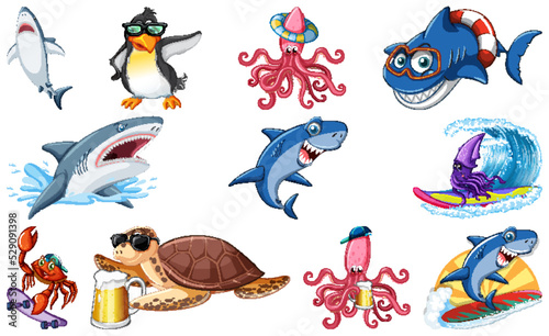 Set of various sea animals cartoon characters