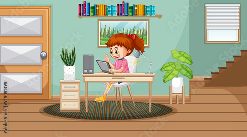 A girl browsing internet on tablet at home