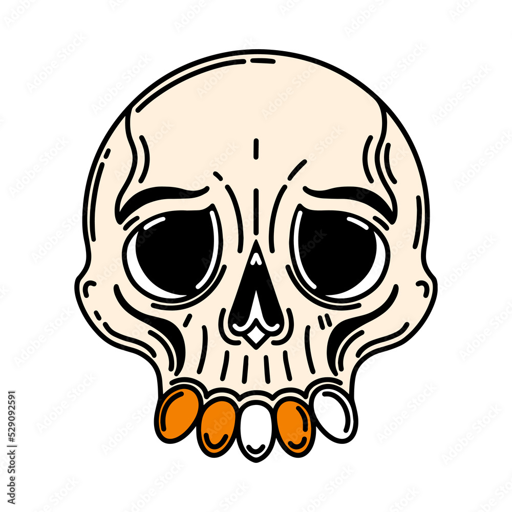 Human skull with golden teeth vector icon. Hand drawn bone illustration isolated on white. Flat cartoon style, simple sketch. Face, mask, dead head. Halloween clipart for cards, posters, logo, web