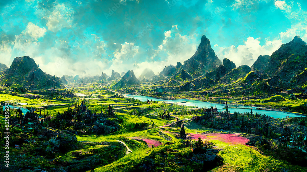 land scape image of mountains with fantasy Digital Art Illustration Painting Hyperdetail