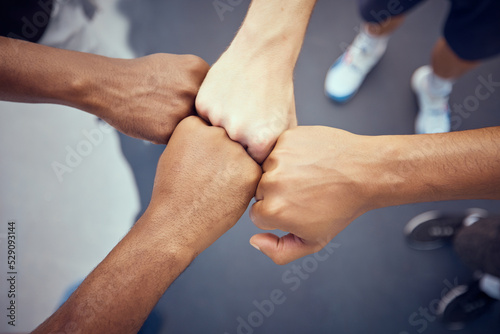 Foto Teamwork, hands and collaboration with people standing in a circle or huddle in support, unity or solidarity