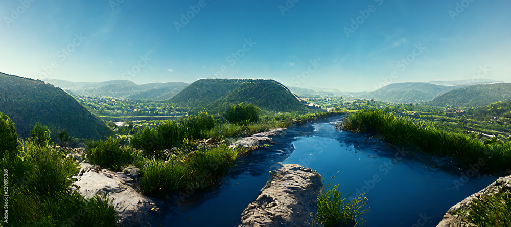 3D rendering. Beautiful view of a mountain with blue sky with clean water illustration