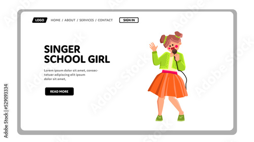 singer school girl vector. music child, happy song, microphone fun, karaoke childhood, smile female singer school girl character. people flat cartoon illustration