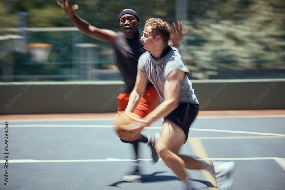 Fitness, diversity and friends in action on a basketball court training, exercise and playing together in summer. Active, culture and healthy men running in a competitive sports match or game outdoor