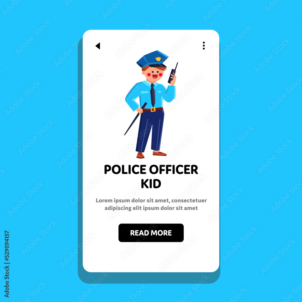 police officer kid vector. child policeman, happy cop, person children, man costume, uniform young play police officer kid character. people flat cartoon illustration