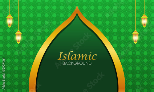 Beautiful green background with Islamic patterns, golden decorations and an editable text photo