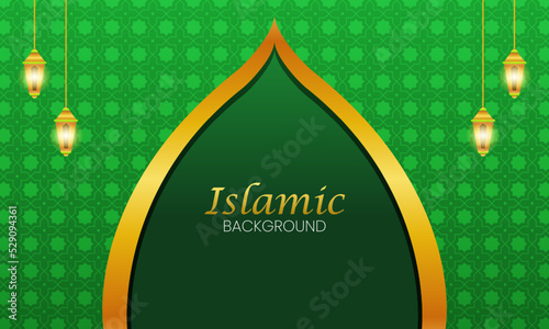 Beautiful green background with Islamic patterns, golden decorations and an editable text