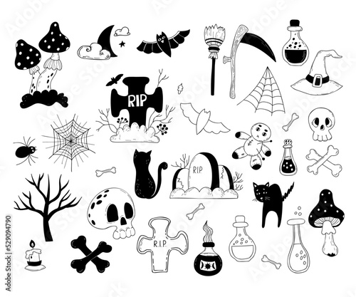 Magic doodles collection. Mystical and ritual objects, bat and moon, black cat, cobweb, grave, graveyard, skull with bones, voodoo doll, potion and fly agaric, scythe and broom. Vector linear drawn.